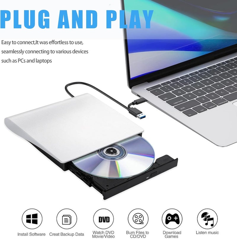 COWAY External CD/DVD Drive for Mac Laptop Portable CD/DVD Burner Writer Reader Player USB 3.0 Optical Disc Drive Compatible with MacBook Pro, iMac, Windows 11/10/8/7 Computer PC(White) - Image 2
